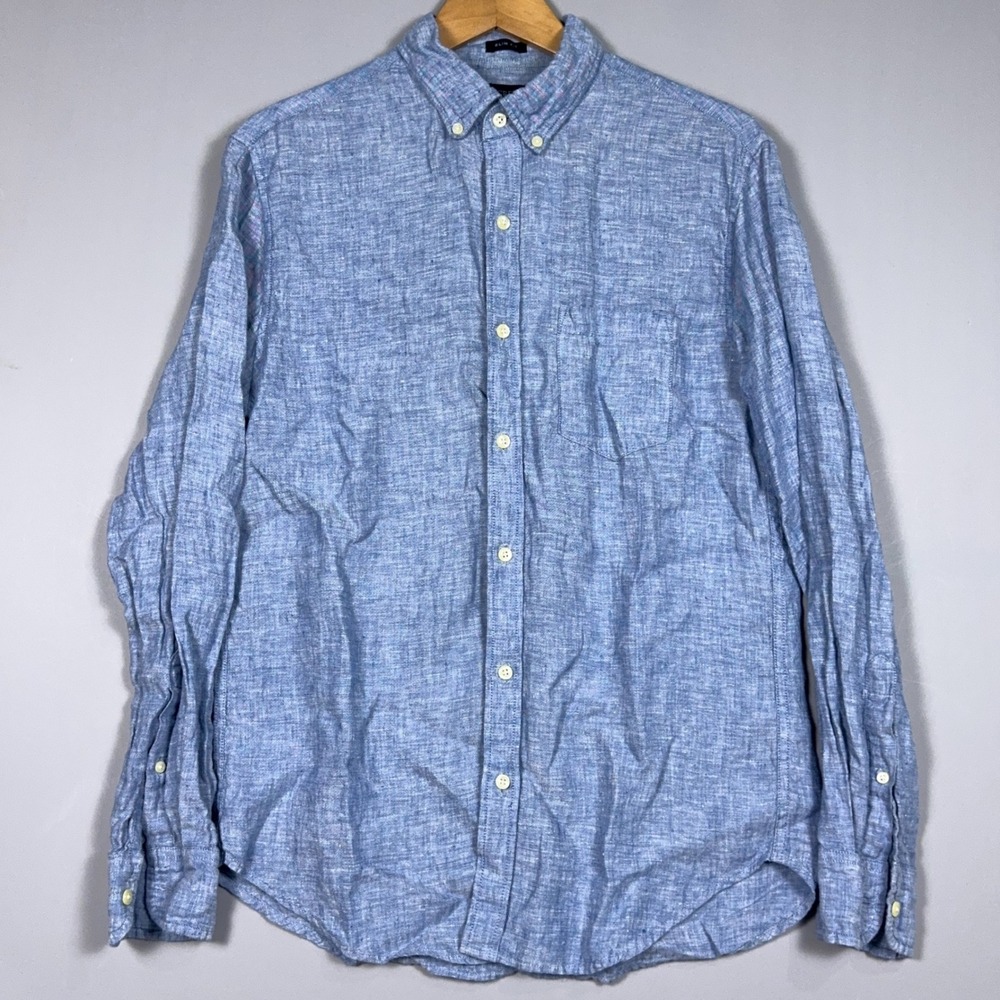 J.Crew Slim Fit McNutt Linen Shirt Mens Size Medium Blue Preppy Summer Resort